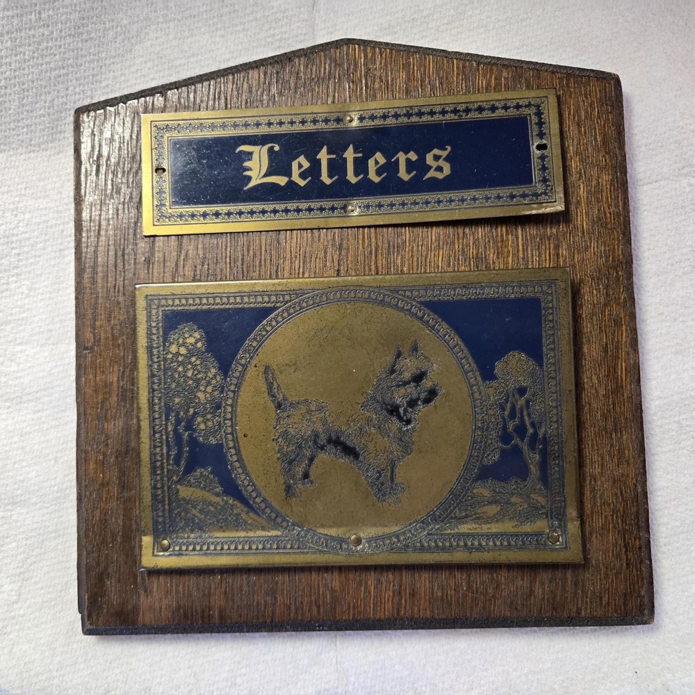 Vintage Scottie Dog Letter Holder, Embossed Metal Pocket,‎ Metal Letters sign